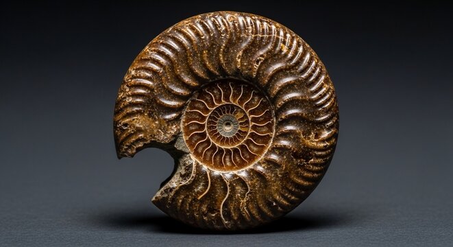 Close up of fossilized ammonite shell isolated on dark background