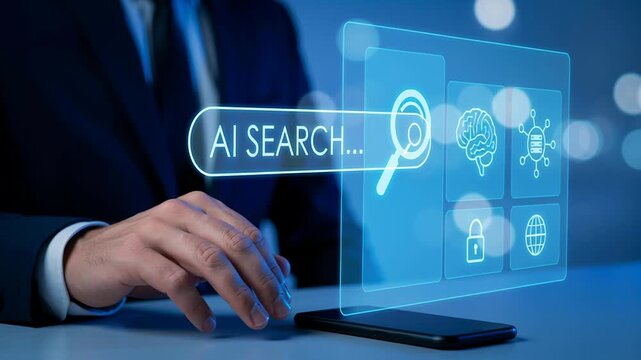 AI search engine technology with smart data cloud chatbot and geo location powering advanced SEO digital innovation and futuristic communication concepts for business growth