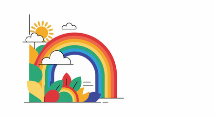 Fototapeta premium Stylized landscape with a vibrant rainbow, cheerful sun, fluffy clouds, and colorful abstract foliage