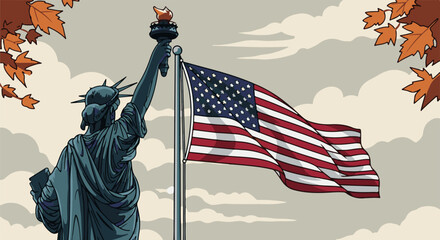 Naklejka premium Stylized Statue of Liberty and American flag against a cloudy sky with autumn leaves