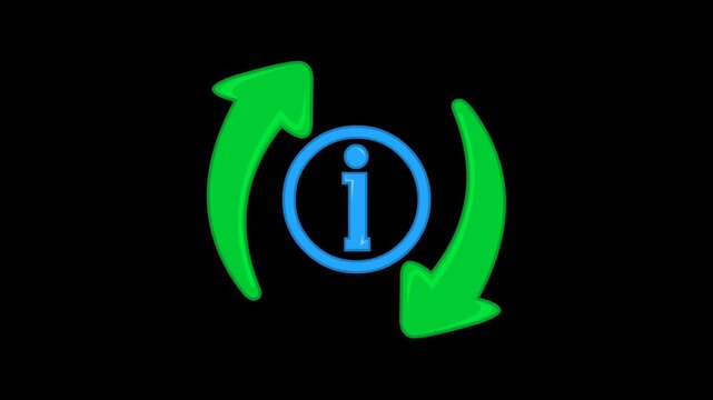info update and data synchronization icon animation featuring rotating green arrows around a blue information circle loop graphic with transparent alpha channel background for interface and web design