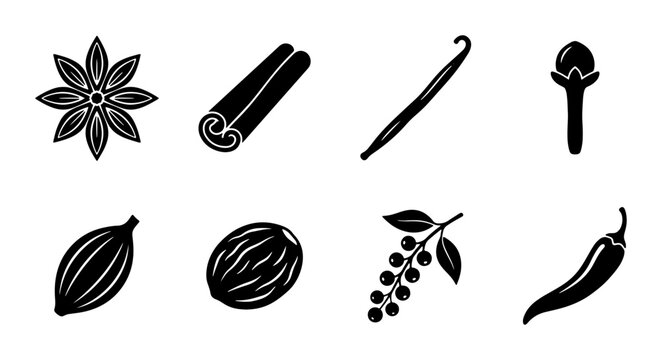 Spice Icons Vector Set: Anise, Cinnamon, Vanilla, Clove, Cardamom, Nutmeg, Peppercorns, Chili Pepper, Culinary Ingredients, Food Flavoring, Aromatic Herbs, Graphic Elements