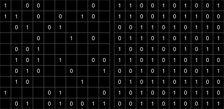 Binary puzzle series with 0 and 1 grids. Clean vector illustration for logic games, brain teasers, printable worksheets, and educational activity books