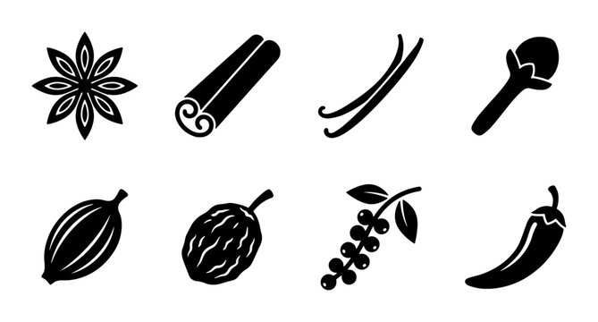 Spice Icons Set: Star Anise, Cinnamon, Vanilla, Clove, Cardamom, Nutmeg, Peppercorns, Chili Pepper Vector Graphics for Culinary and Food Design