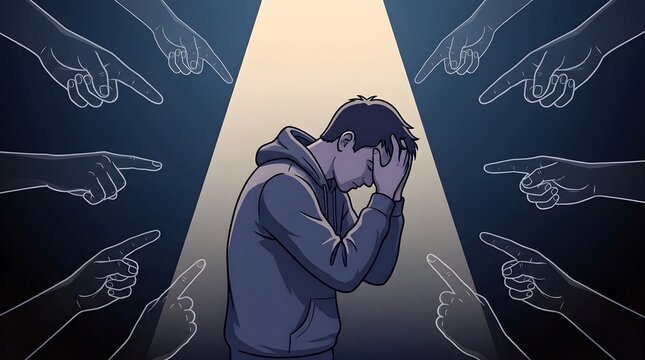 Sad Boy Surrounded by Accusatory Pointing Hands in a Circle of Light