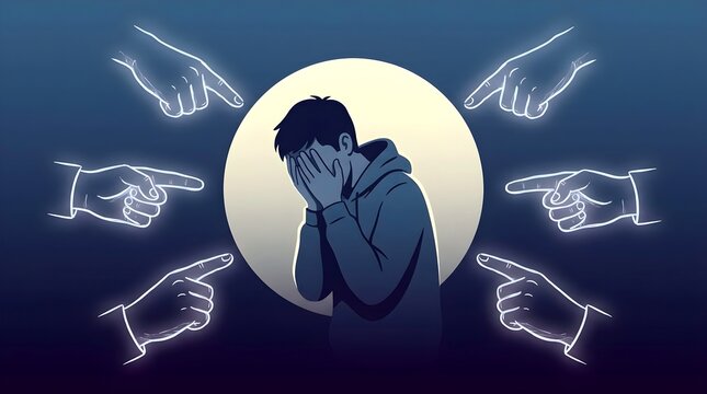 Sad Boy Surrounded by Accusatory Pointing Hands in a Circle of Light