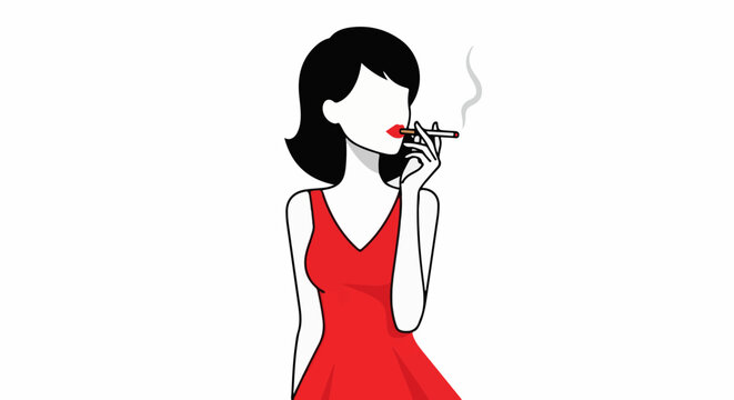 Stylized illustration of a woman in a red dress smoking a cigarette