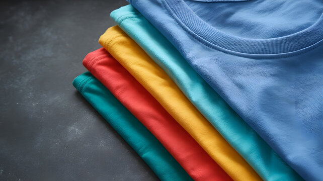 A stack of colorful t-shirts folded on a dark surface