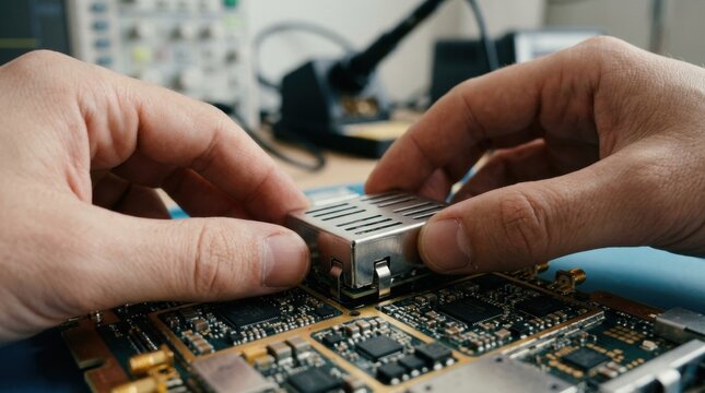Closeup of hands installing a clipon EMI shield can onto sensitive radio frequency circuitry demonstrating quick and efficient metal shielding for optimal device performance.