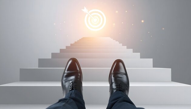 POV Business Journey Climbing Staircase Toward Distant Goals Representing Growth Mindset and Personal Development