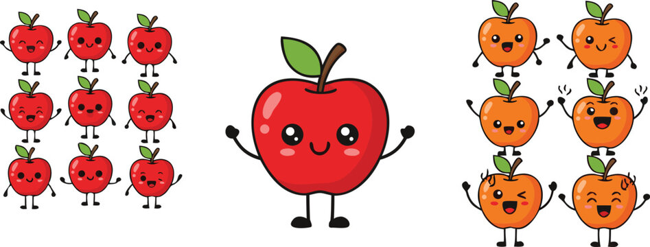 Cute apple and orange cartoon vector illustration set featuring funny fruit characters with happy emotions isolated kawaii collection