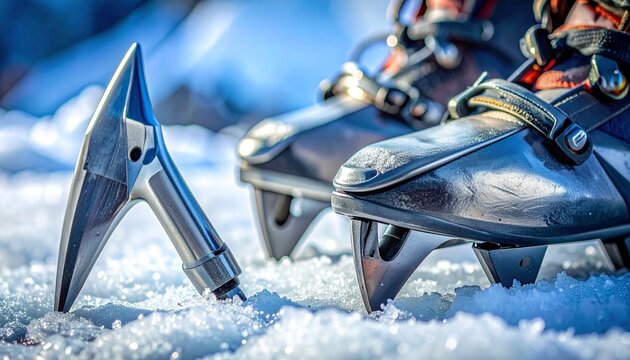 Ice climbing crampons and ice axe pick in action on frozen surface during winter expedition