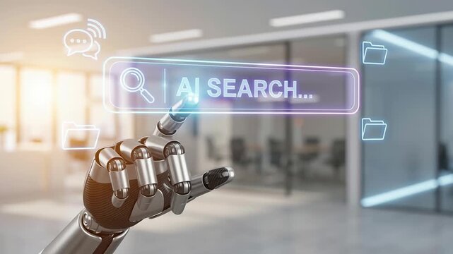 Smart AI search engine technology SEO geo data cloud chatbot concept with robotic hand pointing on digital interface using artificial intelligence for advanced AI search