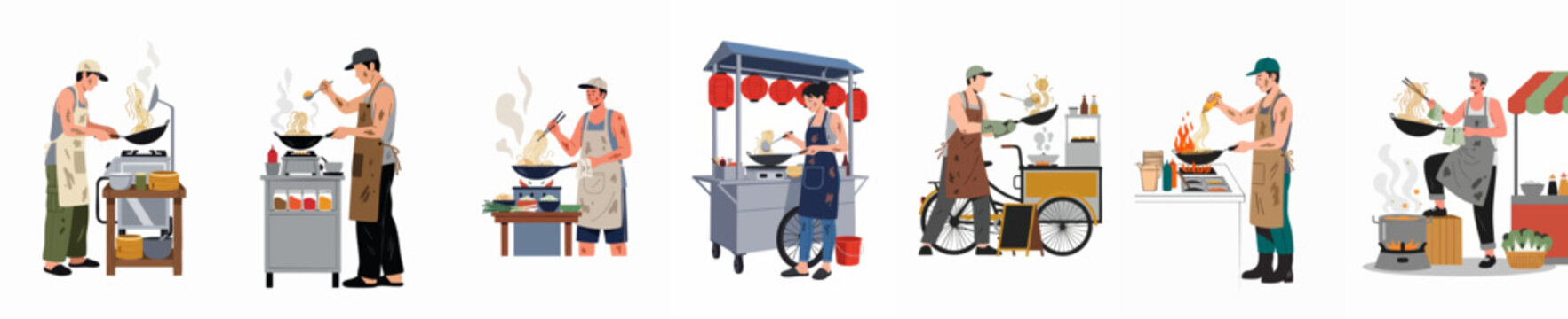 Collection of diverse Asian street food vendors and chefs cooking various noodle dishes at different stalls and carts, flat vector illustration set.