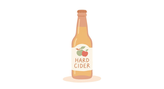 PNG cut out isolated background. A charming, flat vector illustration of a glass bottle of hard cider, featuring a rustic label with red and green apples and a classic metal cap.