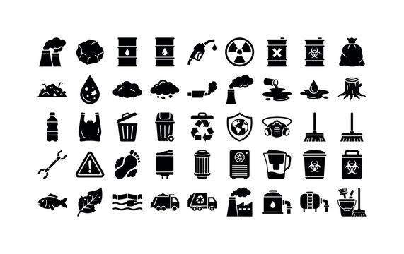 Pollution Planet Protection. Solid glyph icon set of pollution planet protection: smokestack, coal lump, oil barrel, fuel pump, radiation symbol, toxic barrel, garbage bag, landfill mound, dirty water