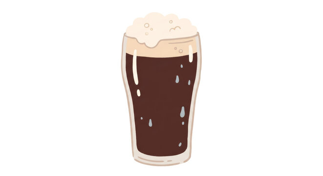 PNG cut out isolated background. A flat, hand-drawn style vector illustration of a classic pint glass filled with rich, dark beer or stout, topped with a creamy, frothy head and detailed with condensa