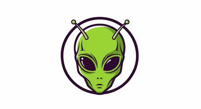 Stylized green alien head with large black eyes, antennas, and a dark circle outline