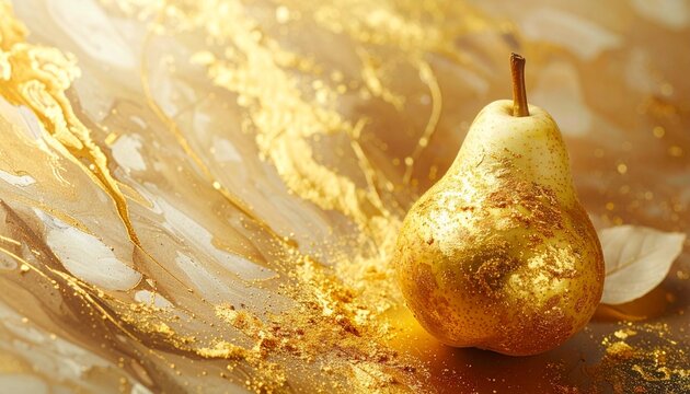 Golden pear on textured gold lacquer background with nashiji pear-skin effect in warm studio lighting