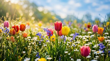 Obraz premium Vibrant spring meadow with colorful tulips and wildflowers in sunlight