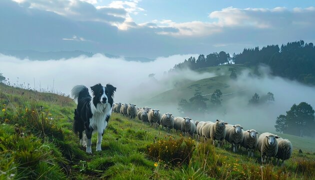 Border collie herding sheep on misty green hillside in morning fog with forest backdrop