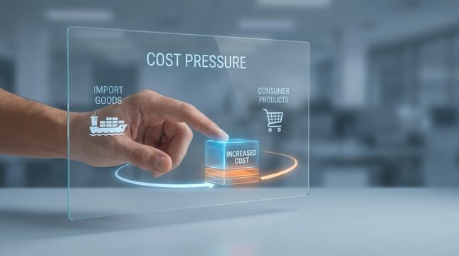 Tariff Headwinds - A hand pushes icons symbolizing rising import costs toward consumer goods, representing cost pressure in a clean, minimal interface.