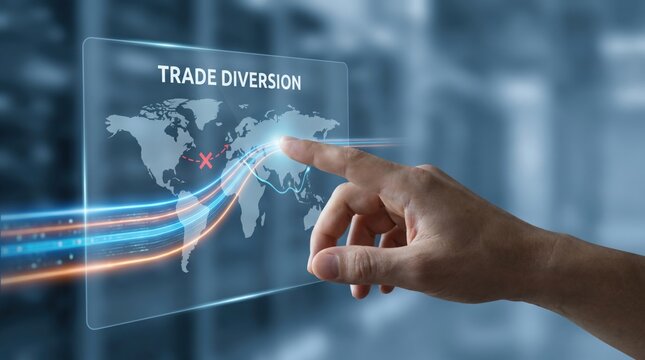 Tariff Headwinds - A hand redirects cargo flow on a minimal digital interface, symbolizing trade diversion and alternative logistics routes in modern global commerce.