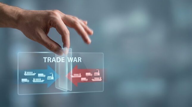 Tariff Headwinds - A hand strategically stacks barriers between opposing cargo routes, symbolizing trade conflict in a clean, minimalistic style.