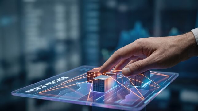 Tariff Headwinds - A hand pushes cargo along a trade route, symbolizing trade friction and delays, set against a clean, minimal interface for business or logistics themes.