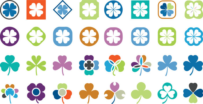 Collection of colorful four leaf clover and flower shapes in various styles and colors on white background