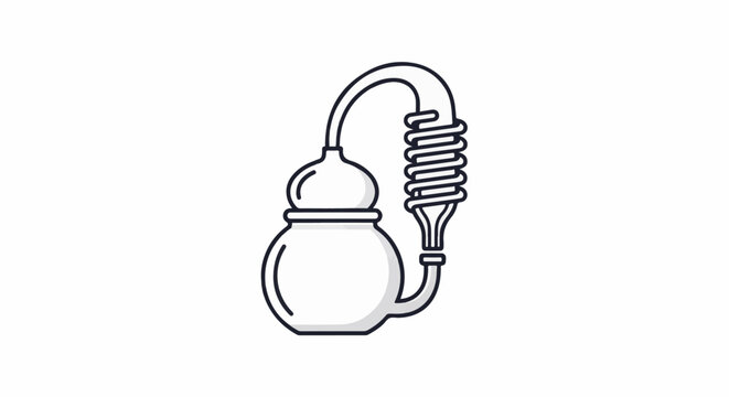 Stylized line art of a laboratory distillation apparatus with a round flask and coiled condenser