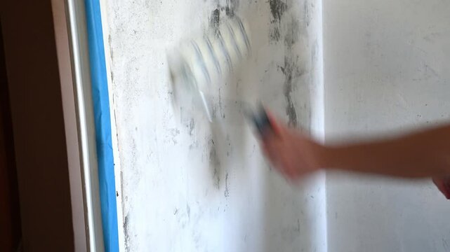 Person rolling primer over interior wall near doorway during renovation