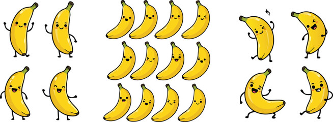Cute banana cartoon vector illustration set featuring funny tropical fruit characters with happy emotions isolated kawaii collection © Yevhenii creative