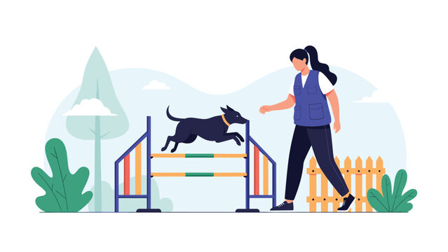 Active woman trains a black dog on an outdoor agility course by guiding it through jumps over wooden hurdles in a park.