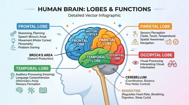 Human brain anatomy and functional lobes infographic diagram with infographic