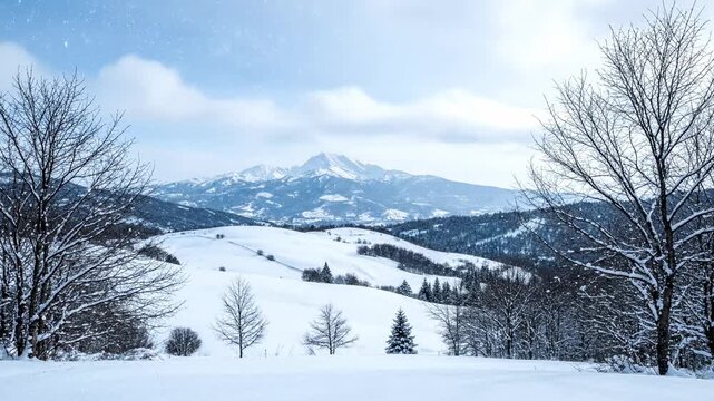 A snow-covered mountain landscape with leafless trees framing a view of rolling hills