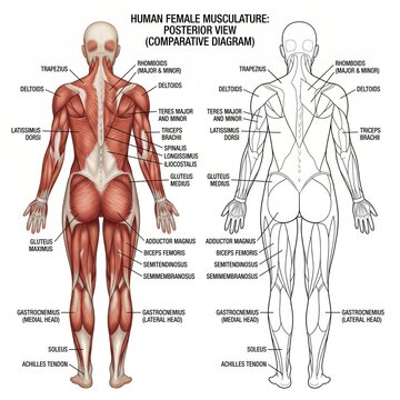 Human female musculature anatomy chart posterior view detailed medical diagram