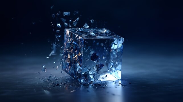 Abstract ice cube crushing and melting in blue water with dynamic splashes, 3d render.