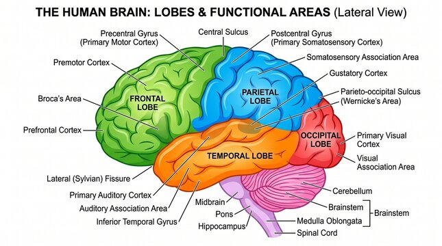 Human brain lobes and functional areas lateral view medical anatomy diagram