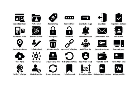 Profile Access Interface. Solid glyph icon set of profile management, web access, and account controls: account dashboard, profile folder, username tag, password field, login button shape, logout
