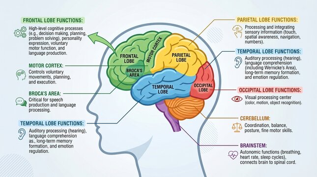 Detailed human brain lobes anatomy and functions diagram with frontal lobe