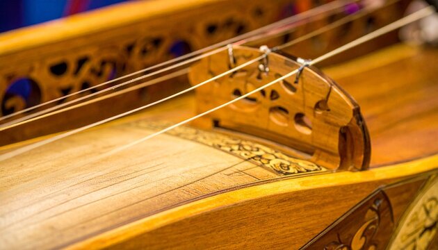 Traditional Korean two-string fiddle close-up with silk strings and resonator cup on wooden surface