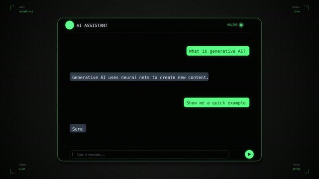 Neon green AI chatbot interface with user and assistant message bubbles typing cursor and send button, LLM ChatGPT generative AI assistant mockup background, seamless loop animation