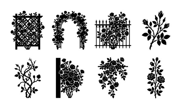 Elegant Rose Silhouettes, Garden Archway, Trellis, and Floral Elements Vector Set, Black and White Botanical Illustrations for Romantic Design