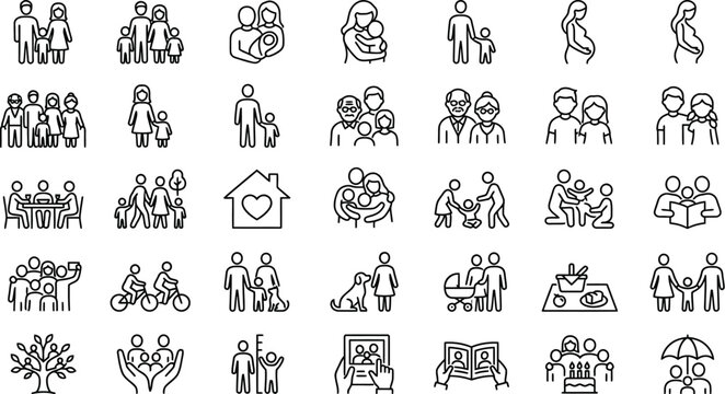Family life icons set parenthood relationships and generational bonds
