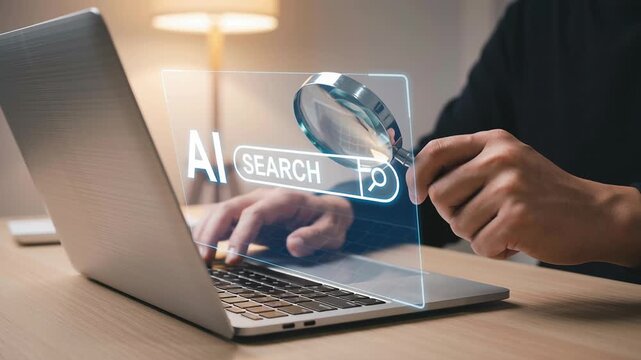 AI search engine technology smart data cloud computing chatbot integration SEO geo targeted results laptop interface digital innovation magnifying glass location analysis user experience information
