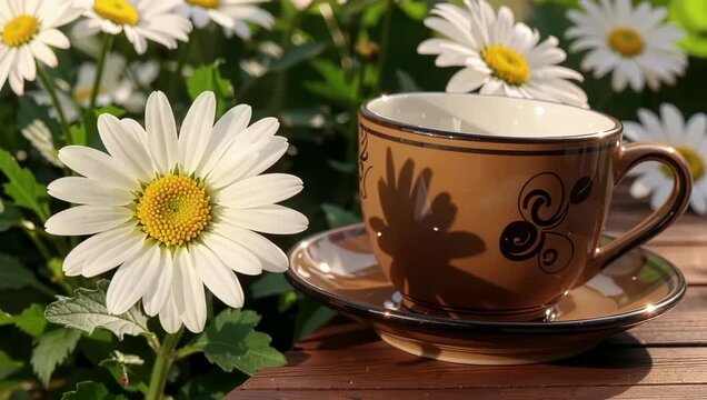 Brown ceramic tea cup and saucer on wooden table with white daisies