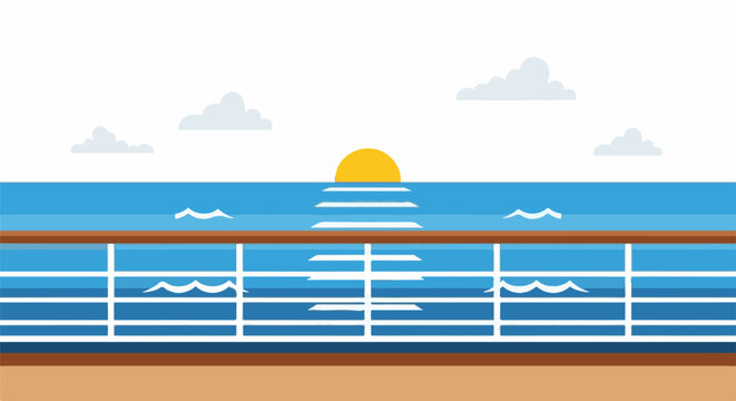Sunset over the ocean viewed from a ship's deck with railing