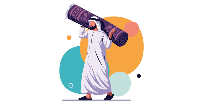 Arab man wearing traditional white clothing carries a large rolled-up patterned rug on his shoulder against abstract colorful circles.