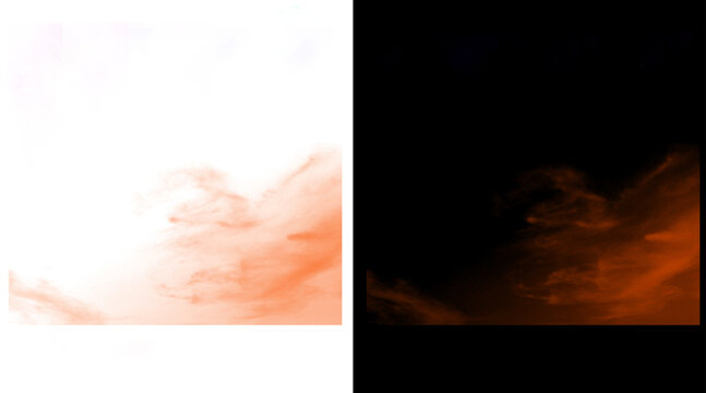Atmospheric orange smoke explosion on white and black backgrounds, cinematic fire cloud texture, abstract vapor mist for design overlays